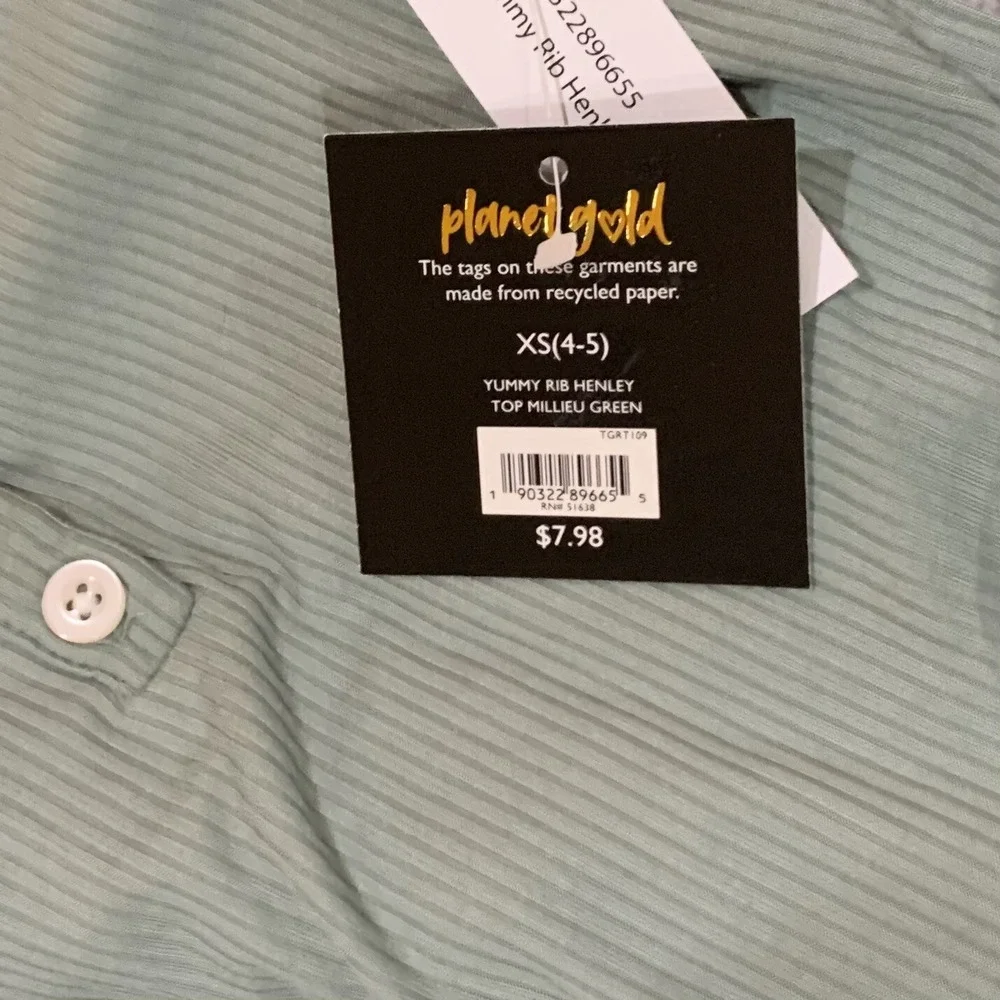 Planet Gold Girls Long Sleeve Henley XS 4-5 New with Tags Green Yummy Rib Cuffed